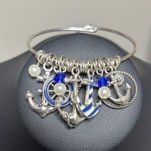 Nautical Anchor Pearl Charm Beaded Bracelet Silver Tone Enamel